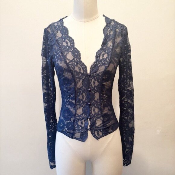 Femme Society Elegant Blue Lace Long Sleeve Top - Picture 12 of 13